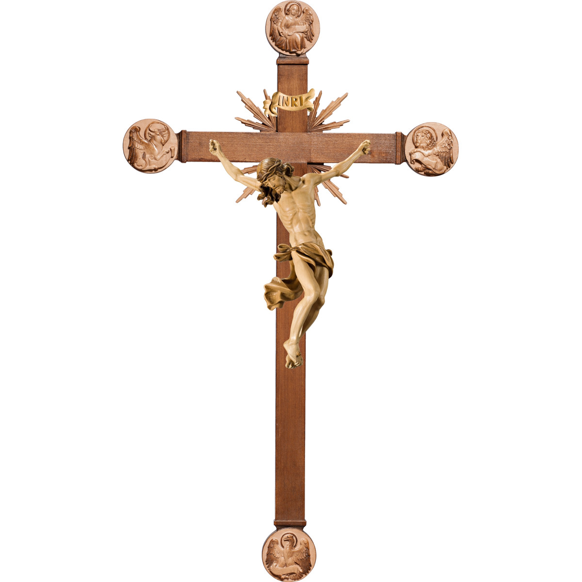 Cristo Barroco en cruz con Evangelistas y rayos